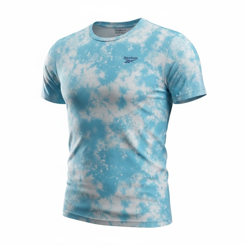 Reebok Mens XL Blue White Tie Dye Athletic Performance T-Shirt Short Sleeve